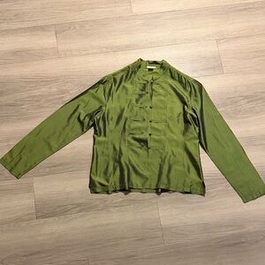 Silk-Inspired Olive Green Mandarin Button Blouse